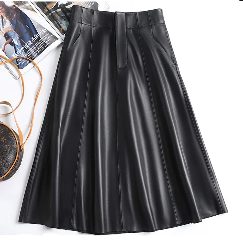 Genuine Leather Women Clothing England Fashion Sashes Waist Umbrella Pleated Skirt Femme Chic Beige/Black Fold Streetwear