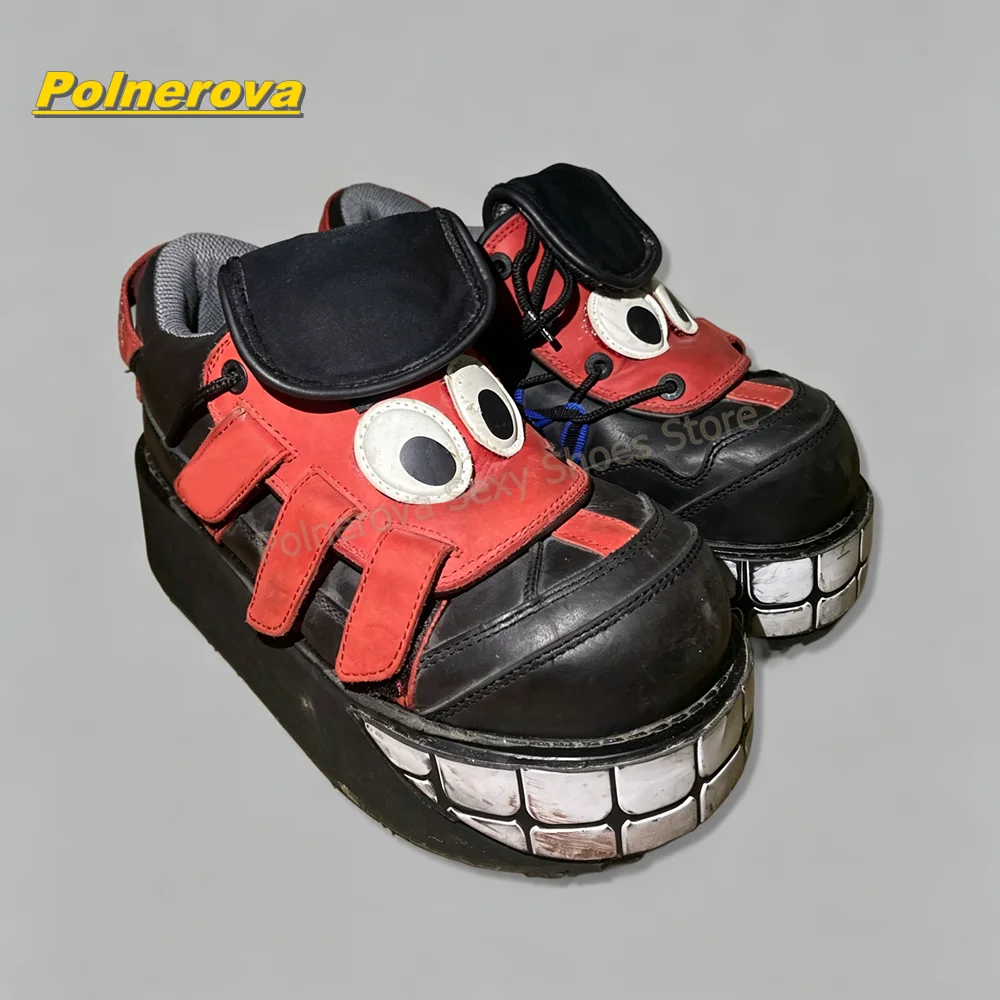 Y2K Cartoon Monster Platform Pumps Red Black Color Block Leather Round Toe Eye Teeth Patchwork Lace Up Street Style Shoes 2026