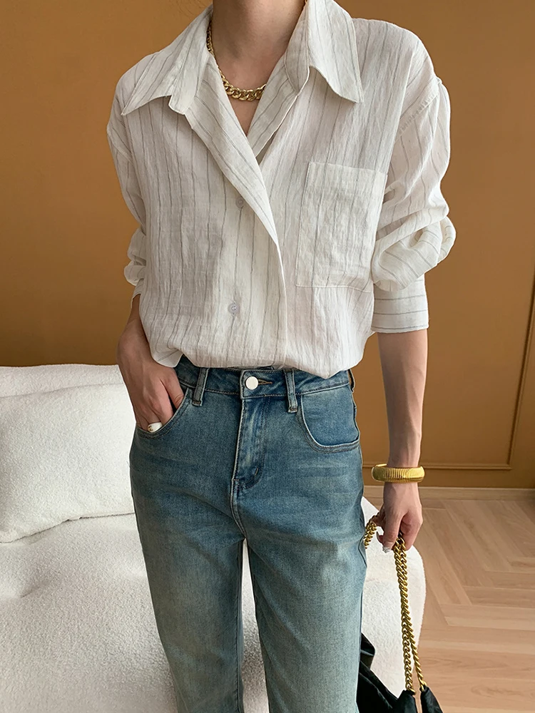 [LANMREM] Office Lady Striped Women Shirt Lapel Single Breasted Asymmetric Design Long Sleeve Blouse 2024 Autumn New 26D9894