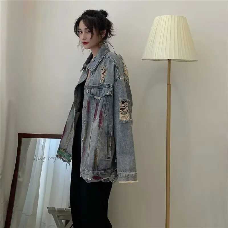 Cowboy Jacket Women's Spring 2024 New Korean Harajuku Loose Hole Jacket Niche Tops Women Denim Jacket Coat Casual Jeans Outwear