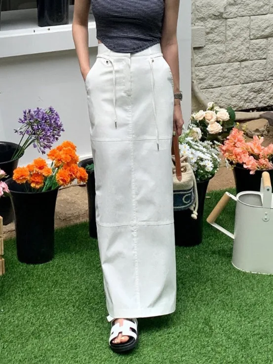 Chic เอวสูง Dstring กระโปรงทํางานยาว f-ความยาวผู้หญิง Faion ฤดูร้อนอเนกประสงค์ Slimming Ba แยกกระโปรงลําลอง