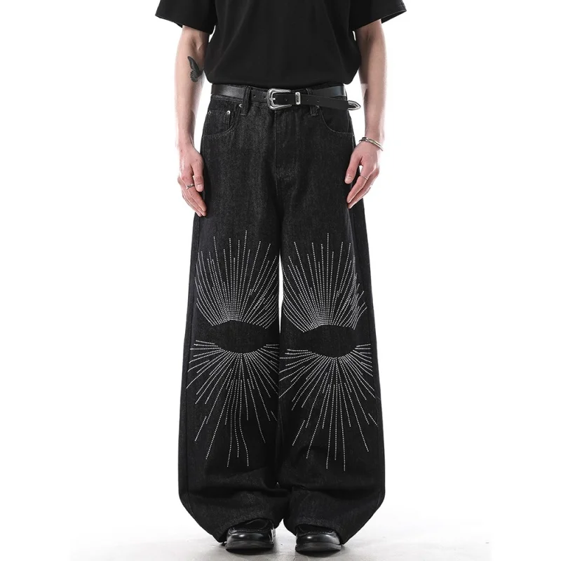 

2025 г., черные мешковатые джинсы в американском стиле Y2K с вышивкой, брюки для мужчин, одежда, прямые роскошные хлопковые длинные брюки