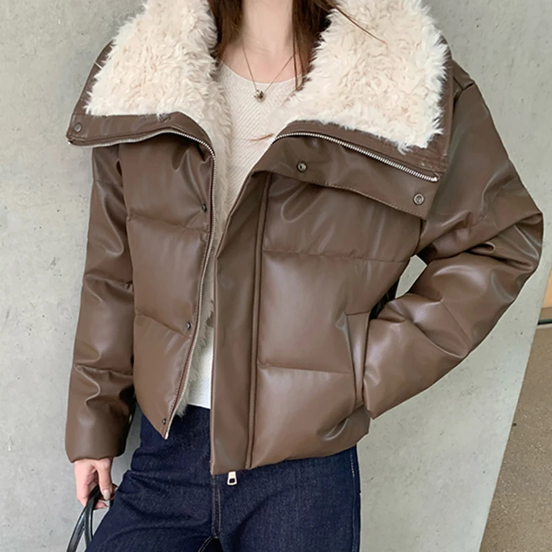 

American Vintage Pu Leather Jacket Women Faux Lambswool Collar Thick Warm Coat Long Sleeve Black Street Cropped Outwear