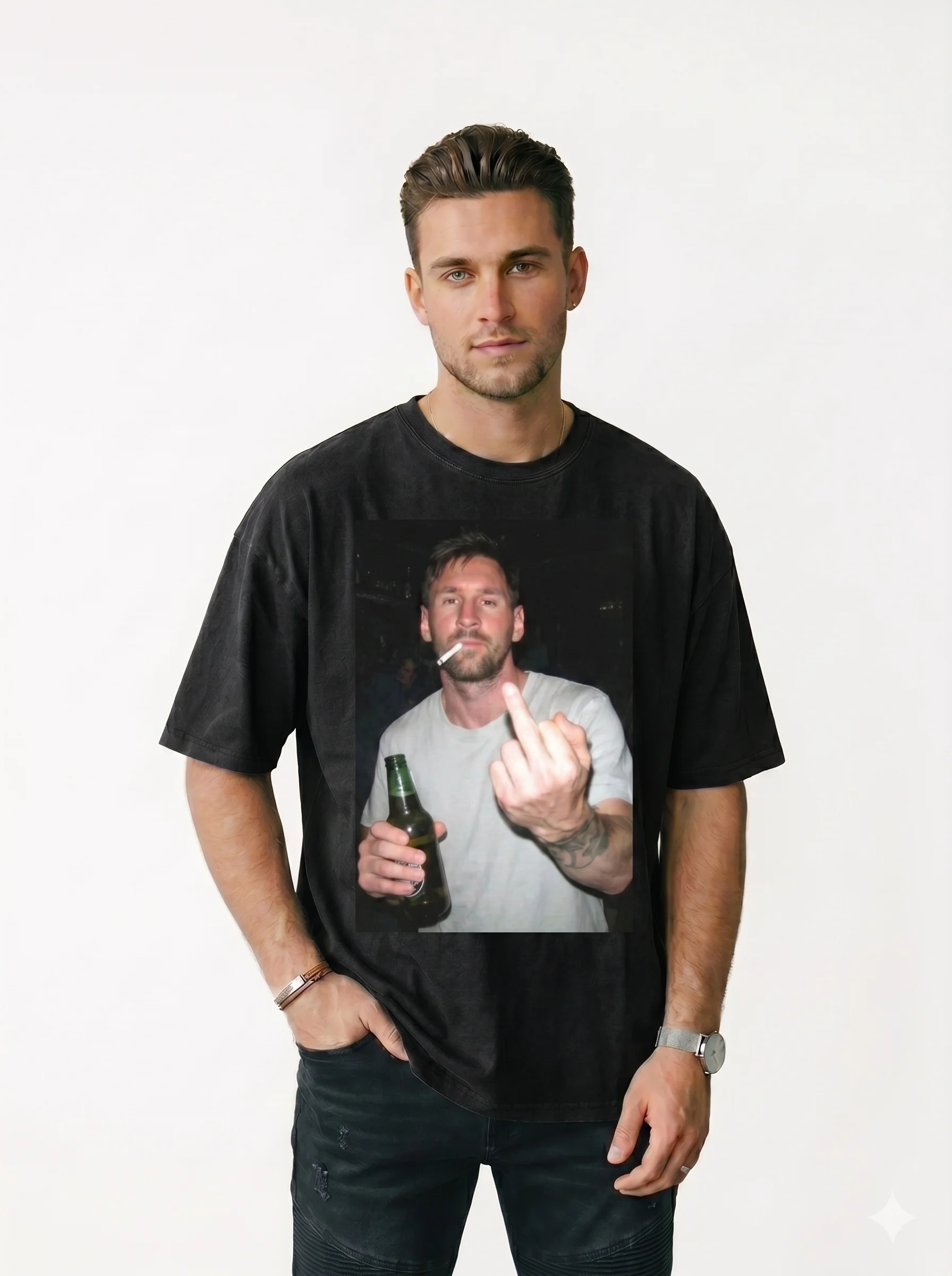 Lionel Messi "Off-Duty Fun" Graphic 100% Cotton Short-Sleeve T-Shirt – Printed Graphic Tee, Hip-Hop Style (Perfect Gift for Fans) – New Summer Release