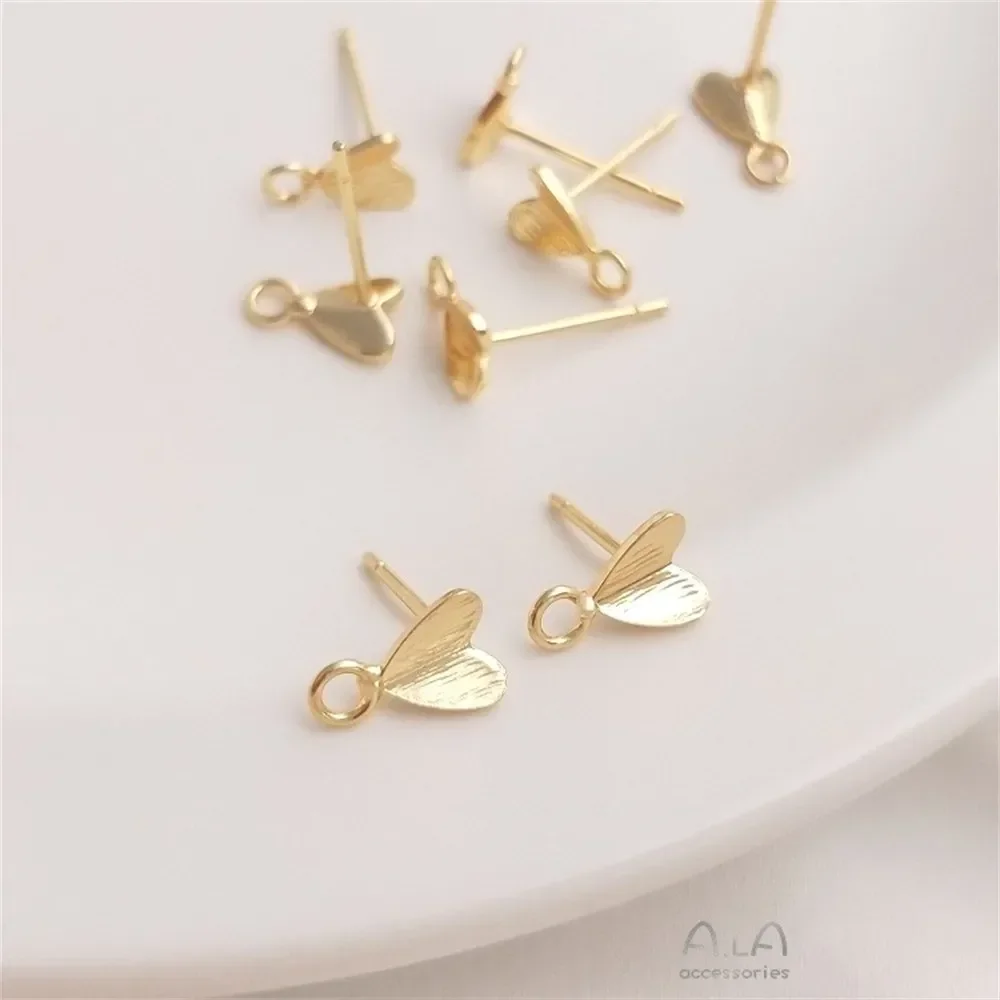 14K Gold-plated Brushed Small Hearts with Rings Love Earrings 925 Silver Needle Handmade Diy Ear Jewelry Materials E090
