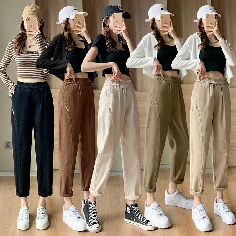 New Temperament Summer Casual Women's Fashion Versatile Solid Color Pockets Elastic High Waist Loose Straight Harun Crop Pants