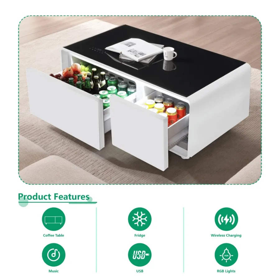 Modern Smart Coffee Table with Built-in Fridge Bluetooth Speaker Wireless Charging Touch Control Panel USB Ports Outlet Protect