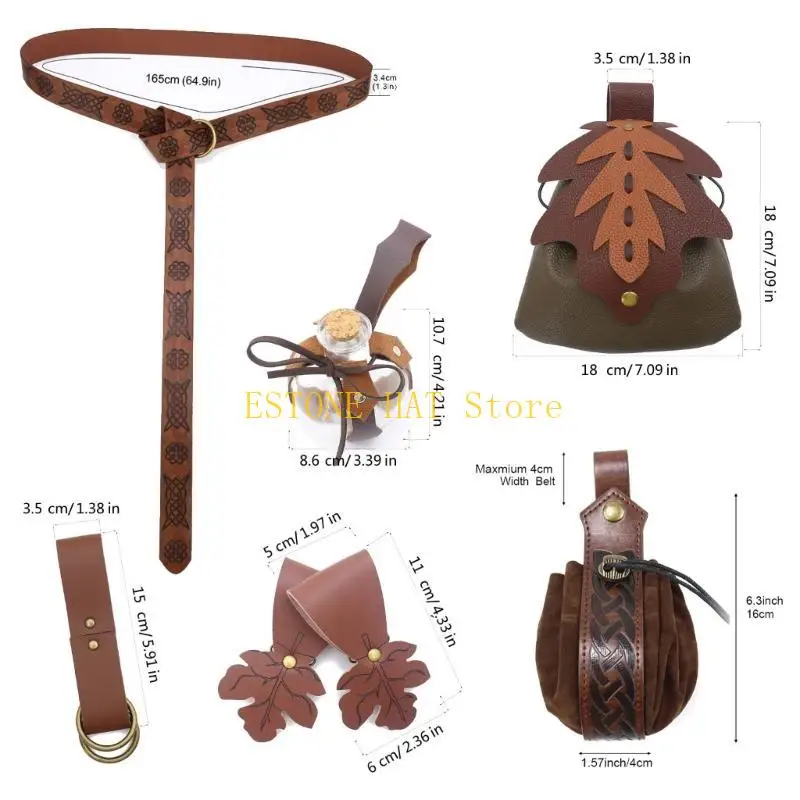 49MF 1 ชุดยุคกลางคอสเพลย์ชุดอุปกรณ์เสริมสำหรับสตรีและผู้ชาย PU หนังเข็มขัด Potion ขวดกระโปรงเดินป่าและผู้ถือแก้ว