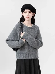 Zoki Vintage Loose Grey Sweaters Women Preppy Style Sweet Knitted Pullovers Korean Lazy Wind Long Sleeve Female O Neck Retro Top