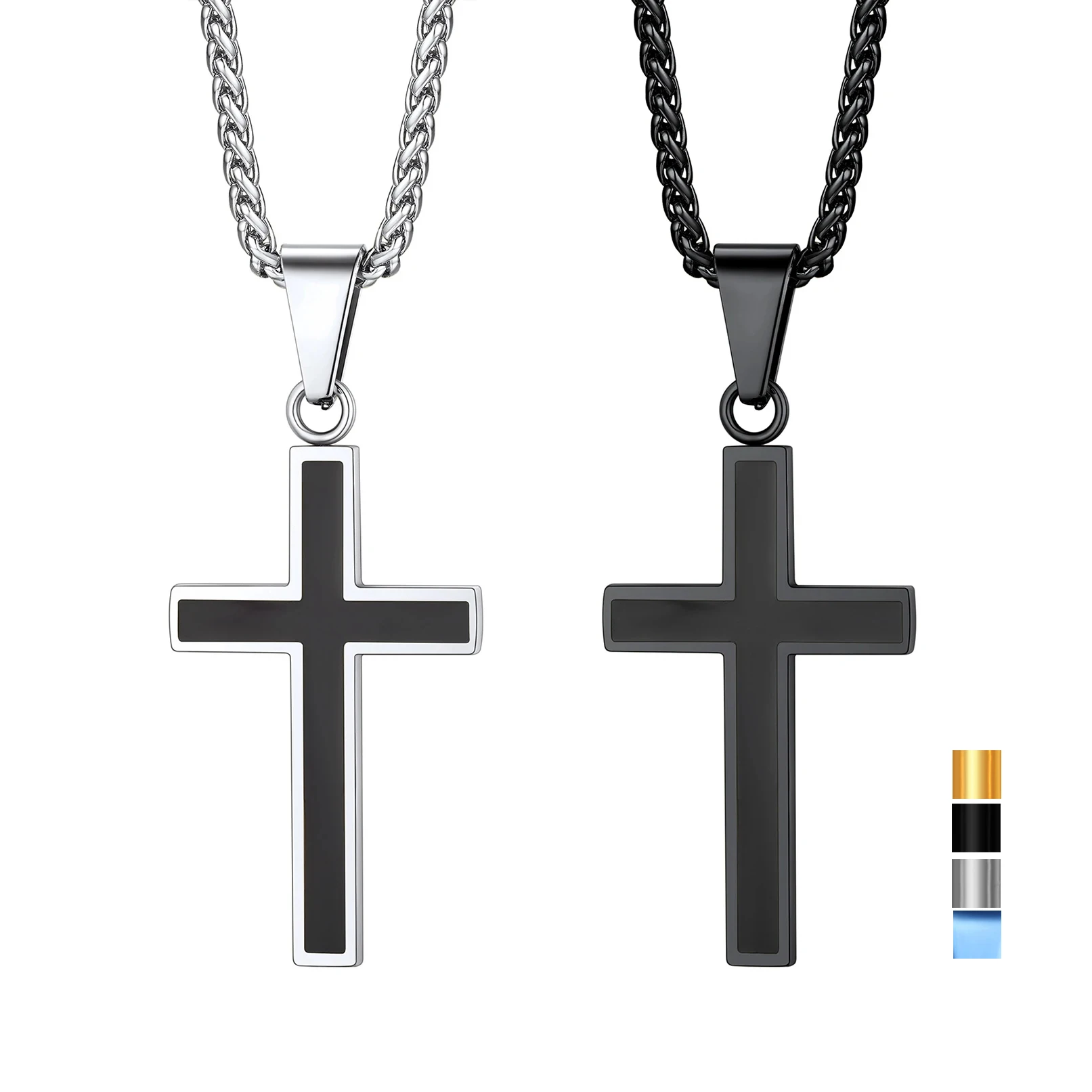 U7 Edelstahl-Kreuz-Halsketten für Männer und Frauen, schwarzer Emaille-Kreuz-Anhänger und 55,9 cm Weizen-Gliederkette, religiöser Schmuck, Geschenk