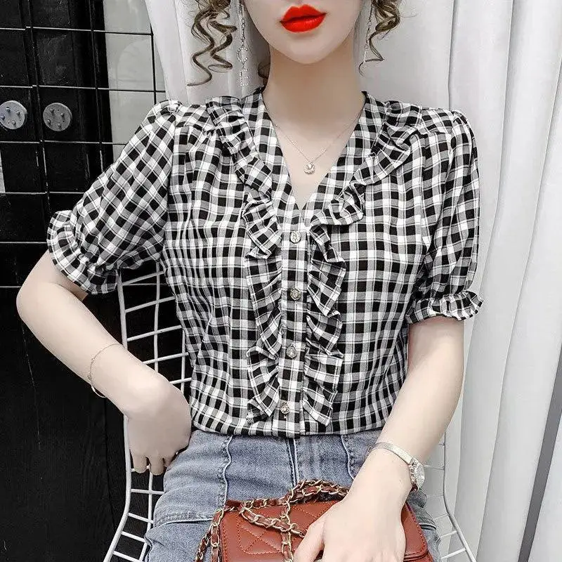 Plaid V Neck Slim Blouse Summer New Short Sleeve All-match Button Pleated Elegant Shirt Tops Tees Fashion Trend Women Clothing