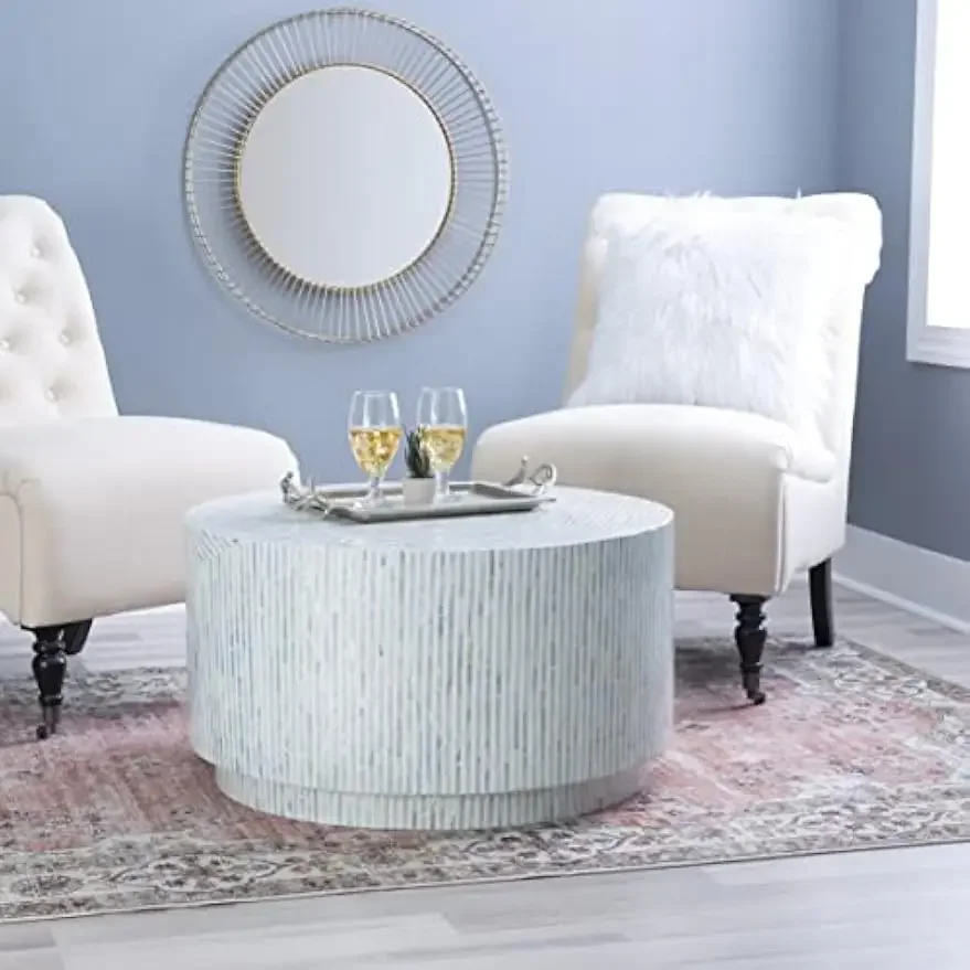 The Perrin Blue Capiz Round Coffee Table