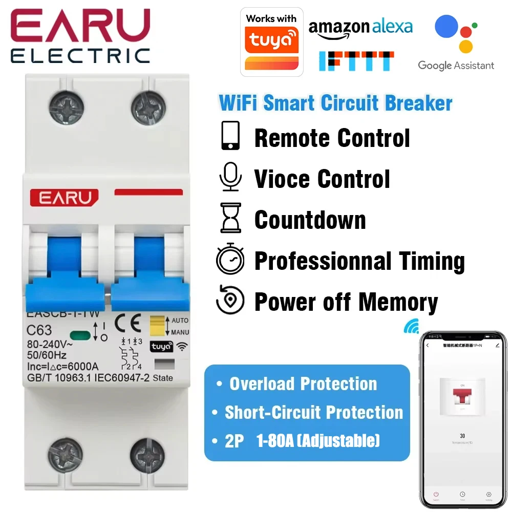 2P Tuya WiFi Smart Circuit Breaker MCB Timer Relay Switch Remote Control 1-80A Adjustable Power-off Memory Alexa Home Assistant