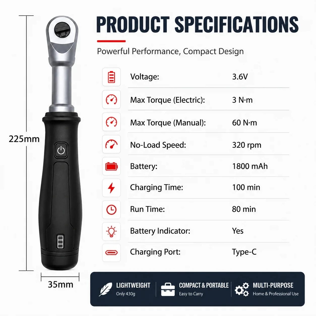 3/8'' Cordless Electric Ratchet Wrench 3.6V Rechargeable Power Ratchet  LED Light USB-C Charging for Auto Repair Tool