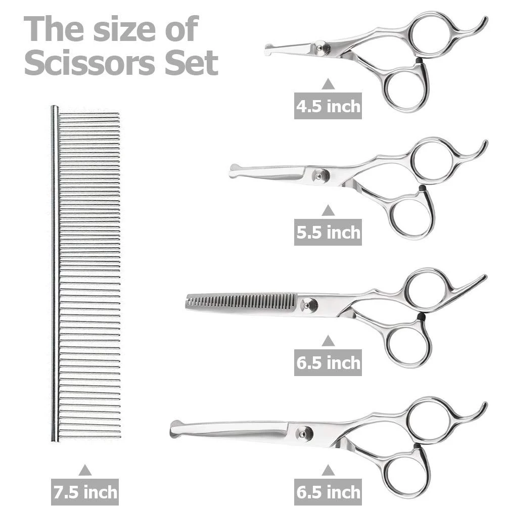 Professional Pet Grooming Scissors Set Round Tip Safety Dog Shears Hair Cutting Thinning Curved Scissors with Comb Case