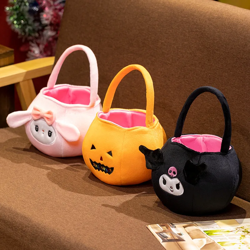 Sanrio Kuromi bolsa de almacenamiento de dulces, cesta de dulces de calabaza de Halloween, bolsa de mano, adorno de foto de fiesta, decoración, regalos de vacaciones