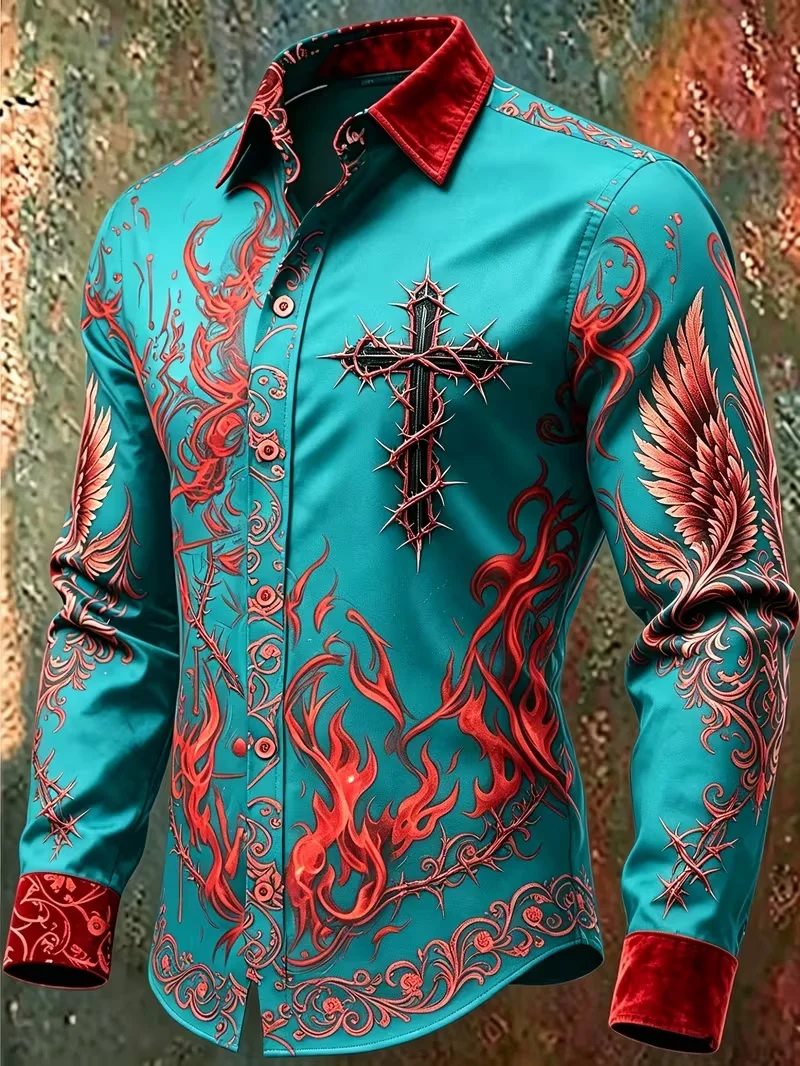 New Blue Bottom Golden Phoenix Pattern Men's Long Sleeve Shirt Heavy Industry Art Printed Slim Casual Shirt Trend