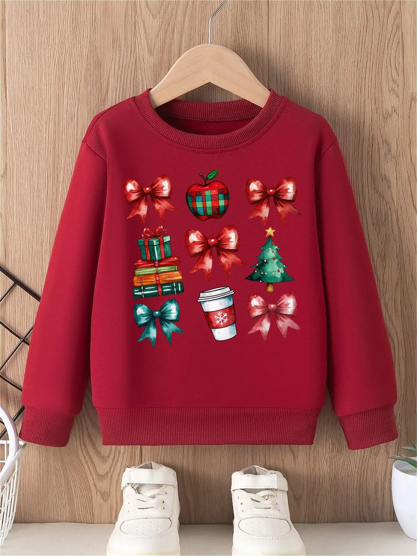 

christmas Girls' Hoodless Sweatshirt Red Bows Green Apple Wrapped Gifts Christmas Tree, Disposable Coffee Cup Design pattern top