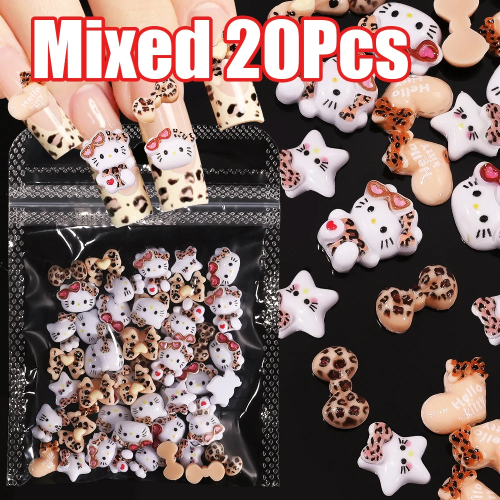

20Pcs 3D Mixed Sanrioed Leopard Hello Kitty Nail Charms Y2K Leopard Print Ribbon Kitty Nail Art 8-10mm Kawaii Kitty Nail Parts