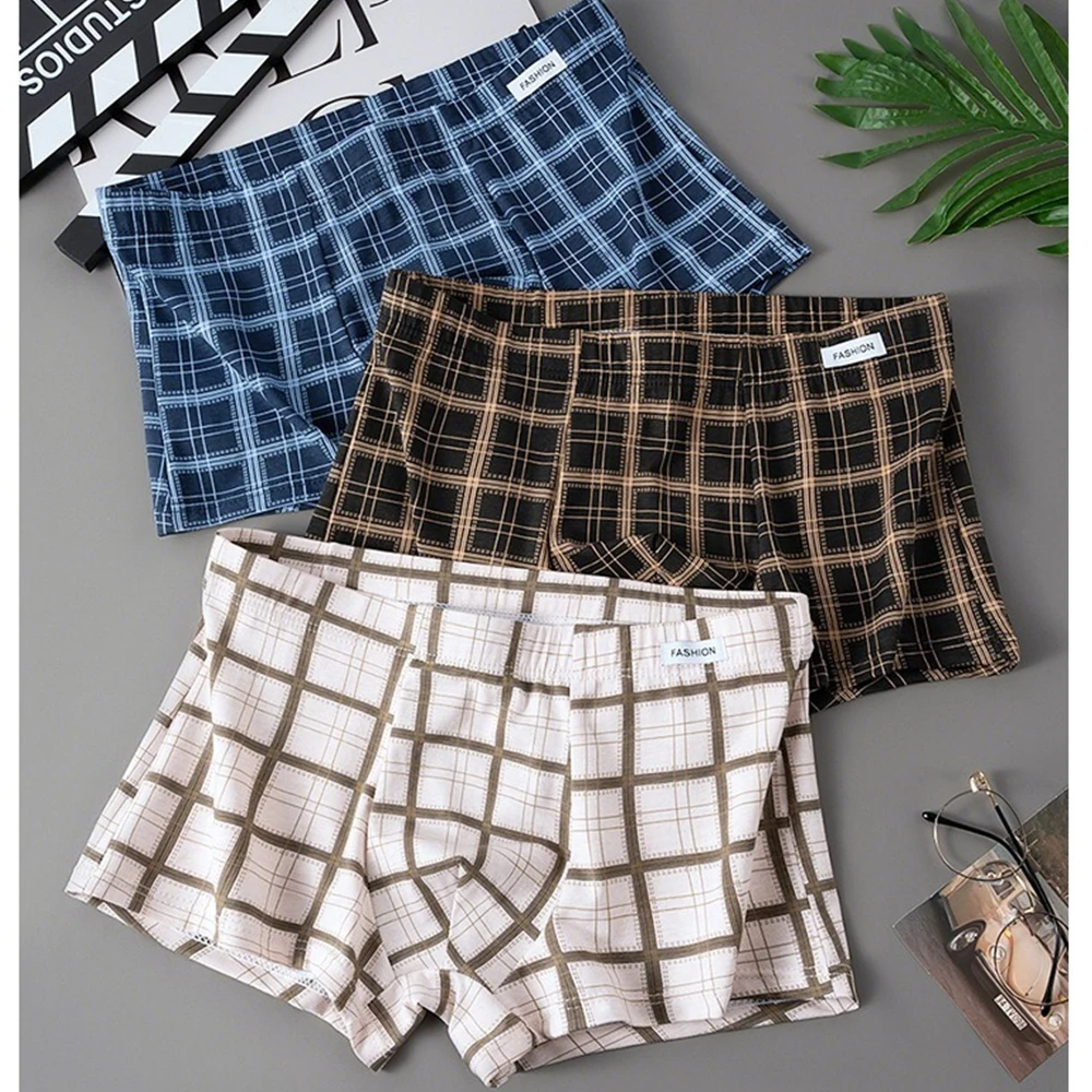 

3PCS/Pack Trendy Plaid Underwear for Man 95% Cotton Breathable Antibacterial Boxers Soft Comfortable High Elastic Men's Panties
