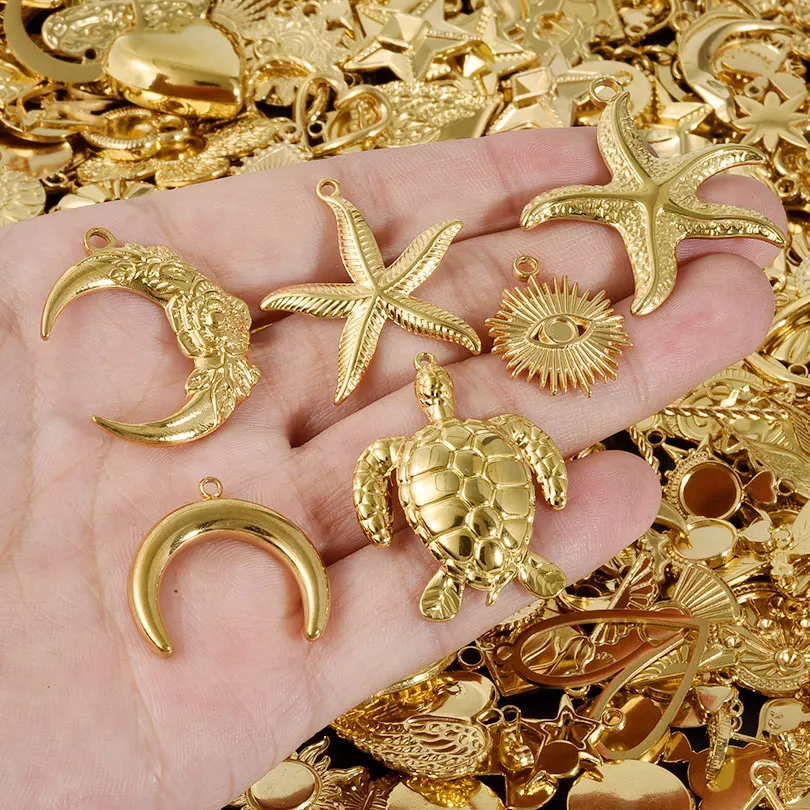 Random Mix Stainless Steel Charm Real Gold Plated Moon Sea Star Turtle Cross Bow Tie Heart Pendant Jewelry Making DIY Materials