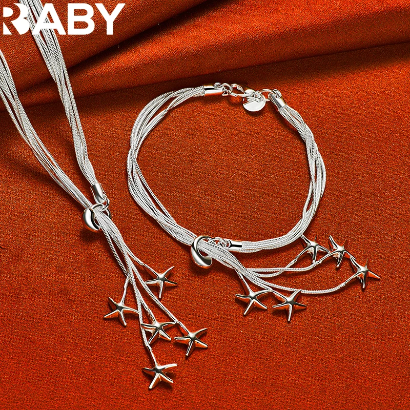 

URBABY 925 Sterling Silver Five Starfish Snake Chain Necklace Bracelet For Women Fashion Jewelry Set Party Charms Accessories