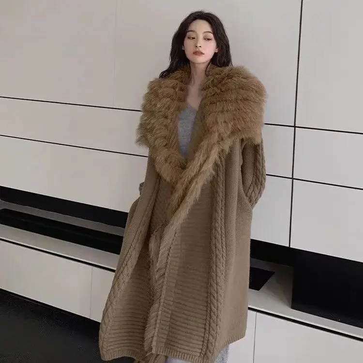 2024 New Real fur,Fall/Winter Fluffy 100% Real Fox Fur Sewing Long Knitwear Jacket For Women Oversize Loose-fit Turn Down Collar