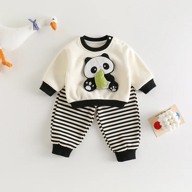 

2025 Autumn Infant Baby Boys Two-piece Set Adorable Cartoon Multicolored Round-neck Newborn Boys Top Striped Toddler Boys Pants