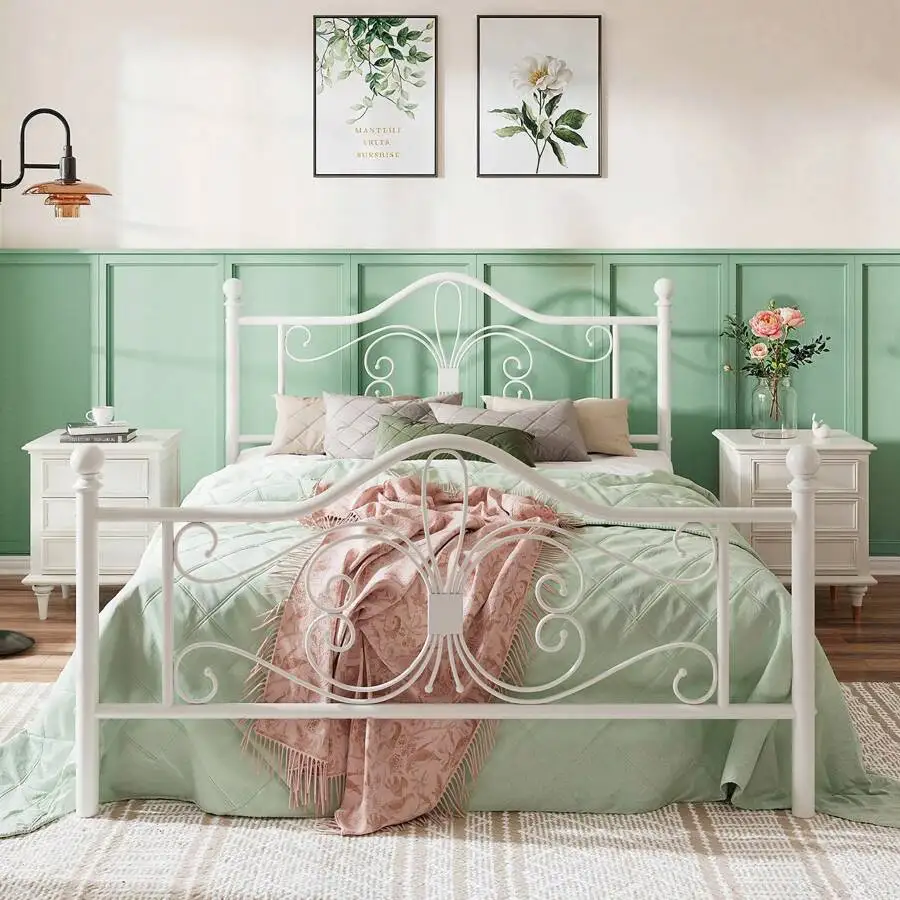 Twin/Full/Queen Size Bed Frame With Headboard, Metal Bed Frame With Butterfly Pattern Design Headboard & Footboard, No Box Spring Needed, Easy Assembly,  White