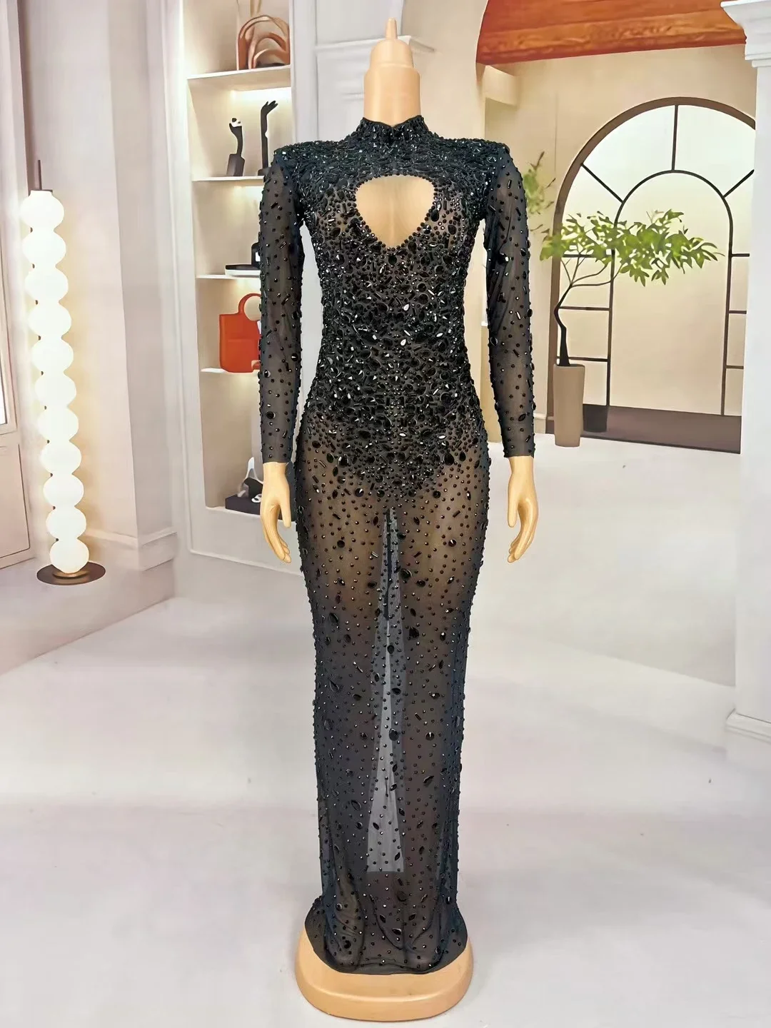 الماس فستان عيد ميلاد أحجار الراين مثير فستان شبكي شفاف كوكتيل حفلة عرض الأزياء المرحلة زي ثوب مسائي أسود