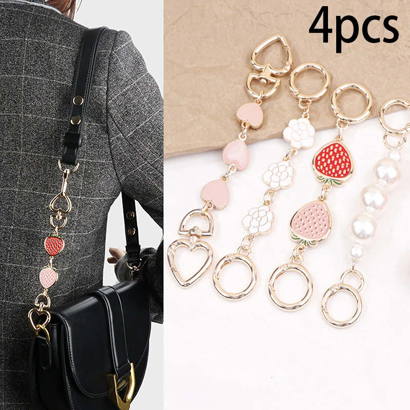 4Pcs Bag Extension Chain Crossbody Purse Heart Flower Strawberry Beads Shaped Chain Strap Handbag Hanging Buckle DIY Bag Charm