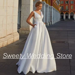 Modern Wedding Dress V Neck Sleeveless Beading Sashes Backless Zipper Up A Line Satin Bridal Gown Pocket Woman Bride Dresses