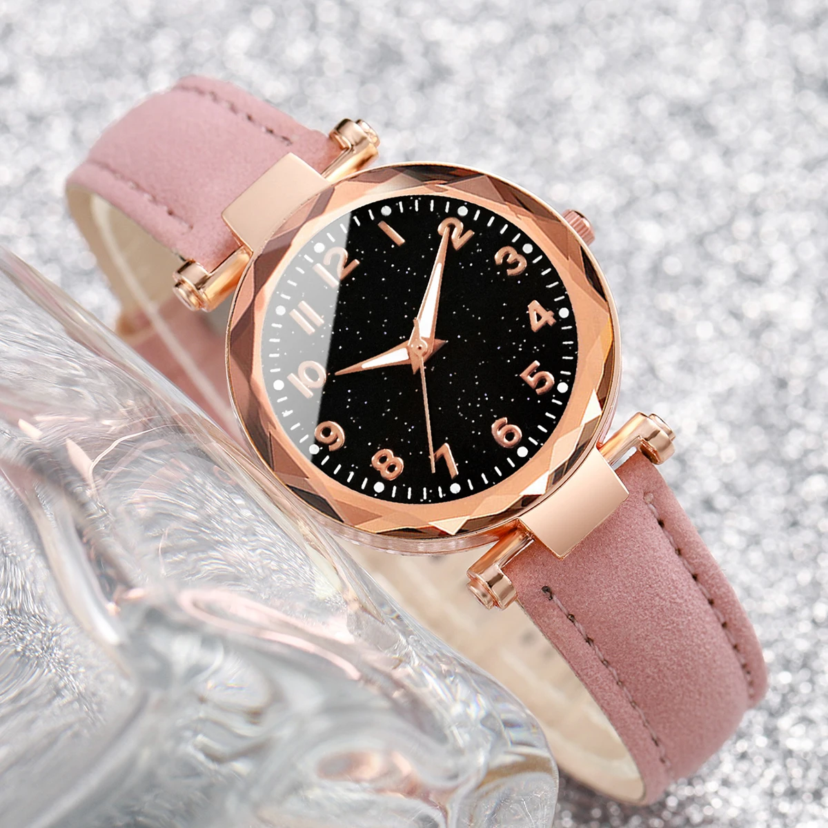 6pcs/set Women Pink Leather Strap Quartz Watch with Butterfly Jewelry Set