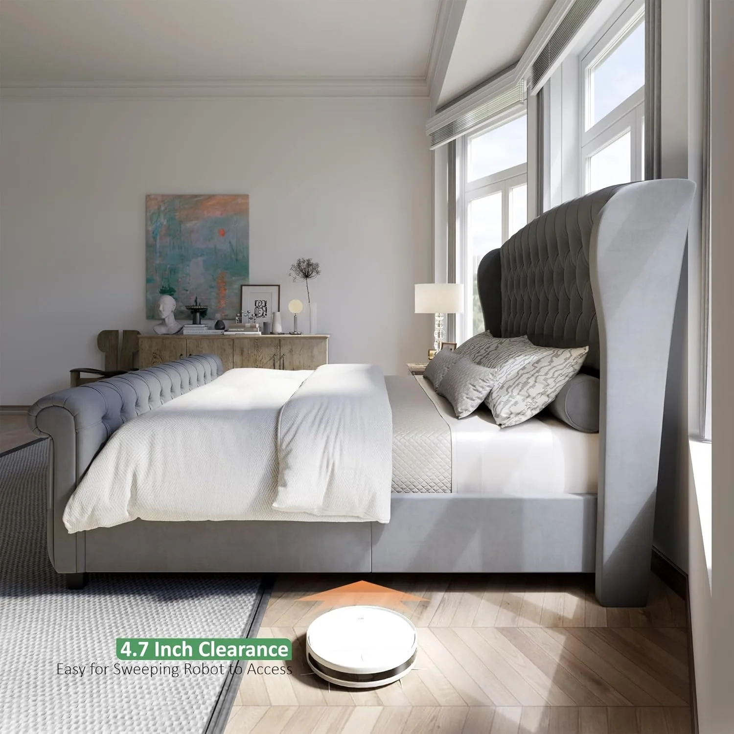 هيكل سرير بمنصة كبيرة، سرير مزلج مبطن بالمخمل مع لوح رأسي بحافة ملفوفة ومسند للقدمين/لا حاجة للنوابض/رمادي