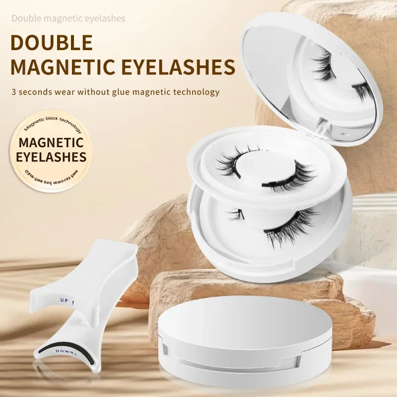 2pairs Magnetic False Eyelashes New Style Glue-Free Fake Mink False Eyelashes Natural Nude Makeup With Mirror Reusable Beauty