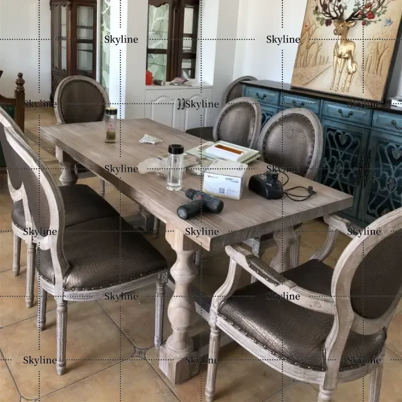 American French Country Retro Solid Wood Dining Table Rectangular Roman Column Design Nostalgic Living Room Furniture