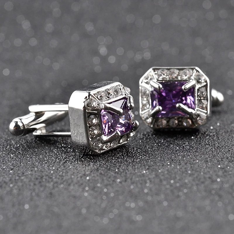 High-quality Diamond  Jewelry Enamel Cufflinks Men Shirt  Cufflinks Purple Zircon Cuff Links