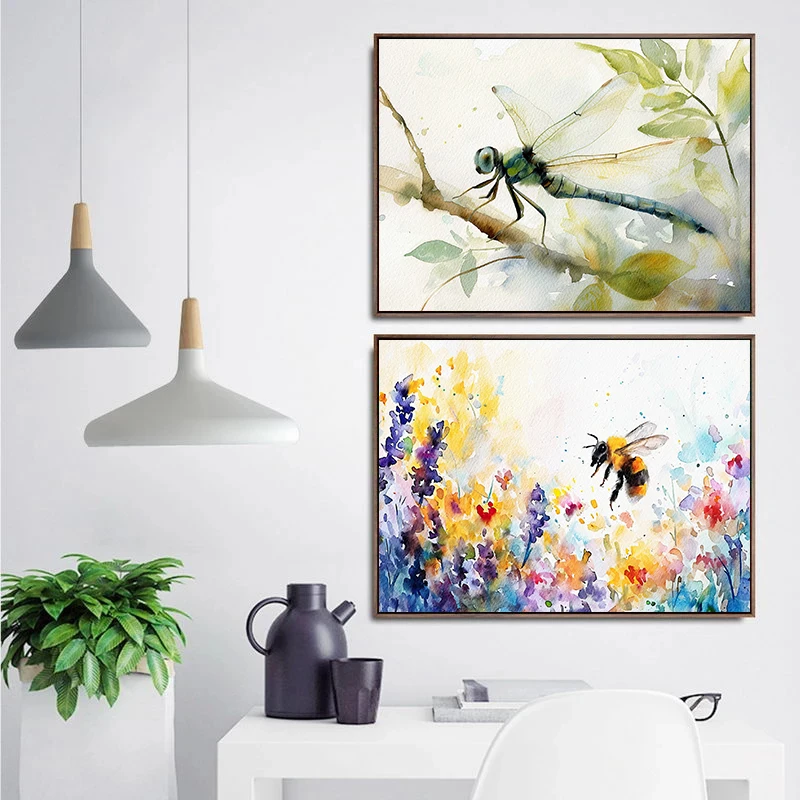 Dragonfly Honey Bee Dragonfly Watercolor Insects and Plants Poster Canvas Painting Nature Wall Art Picture Office Home Decor