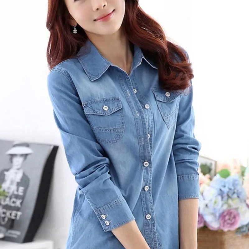 Women\'s Spring Autumn New Fashion Solid Color POLO Collar Button Pocket Casual Versatile Long Sleeved Slim Fit Denim Shirt Tops