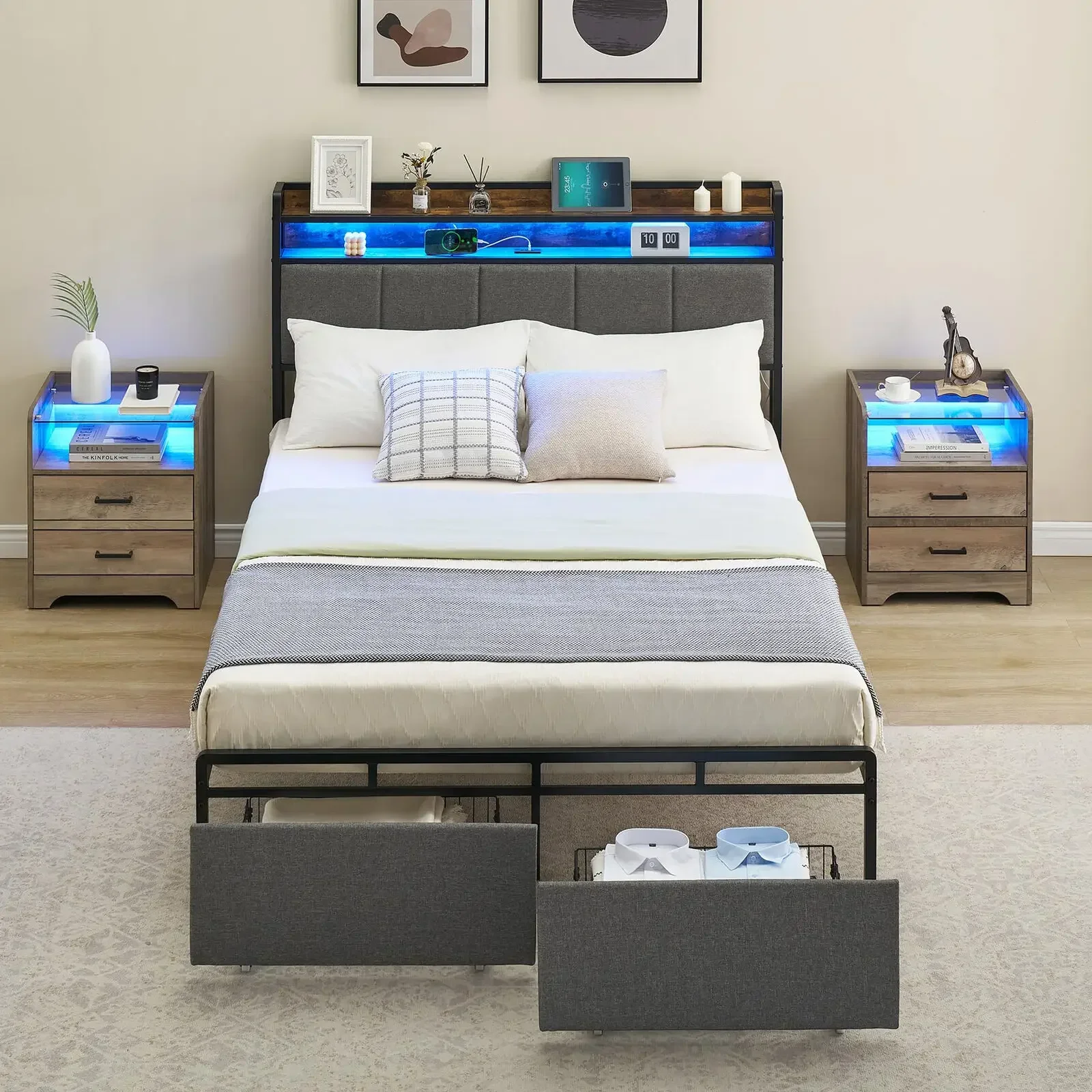 Metal Bed Frame with 2Tier Storage LED Upholstered Headboard with 2Storage Drawers,Charging Station,Noise-Free,NoBoxSpringNeeded