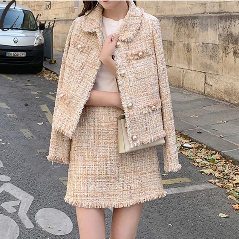 

Women Peter Pan Collar Tweed Jacket Korean Set Autumn Fashion Tassel Patchwork Short Coat And High Waist Skirt 2 Peice Suits