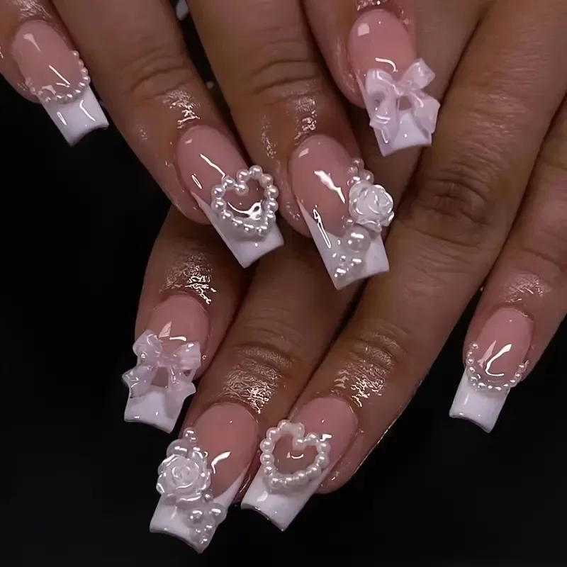 

24 Pcs Korean Sweet 3D Bow Flower Design Bride Lady Fake Nails High Quality French Fake Nails Medium Coffin Ballet Press on Nail