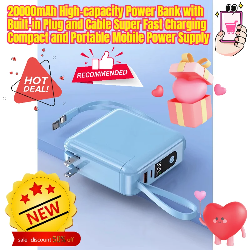 

20000mAh High-capacity Power Bank with Built-in Plug and Cable Super Fast Charging Compact and Portable Mobile Power Supply