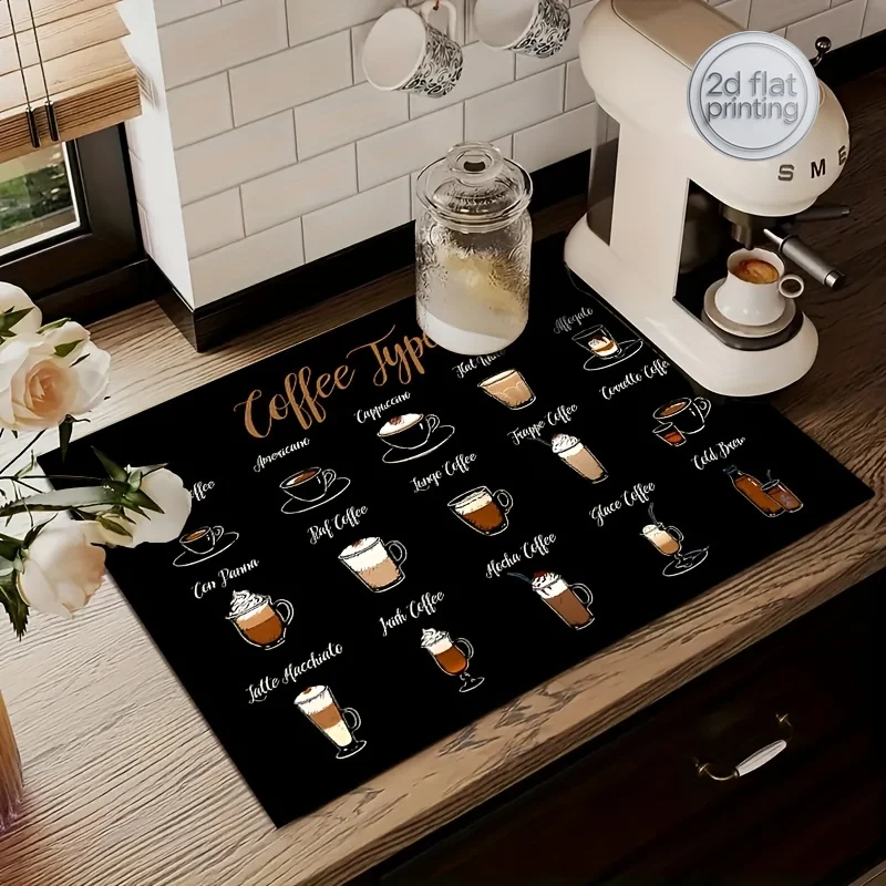 Tapete de Cozinha Absorvente com Tema de Café, Protetor de Bancada em Poliéster para Secagem de Louças e Configuração de Máquina de Café Expresso, Decorativo e Elegante