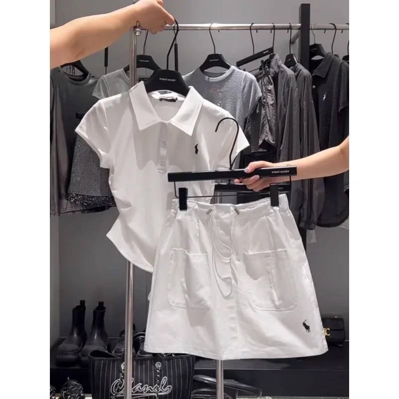 2024 Summer New Women's Korean Style Suit Polo Collar T-shirt Mini Dress 2-piece Set Fashionable Workwear