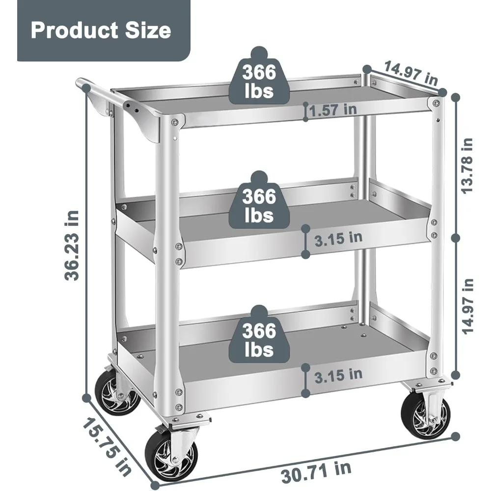 Robuuste roestvrijstalen gereedschapswagen met 3 niveaus, capaciteit van 1100 lbs en wielen voor mechanische werkplaatsen
