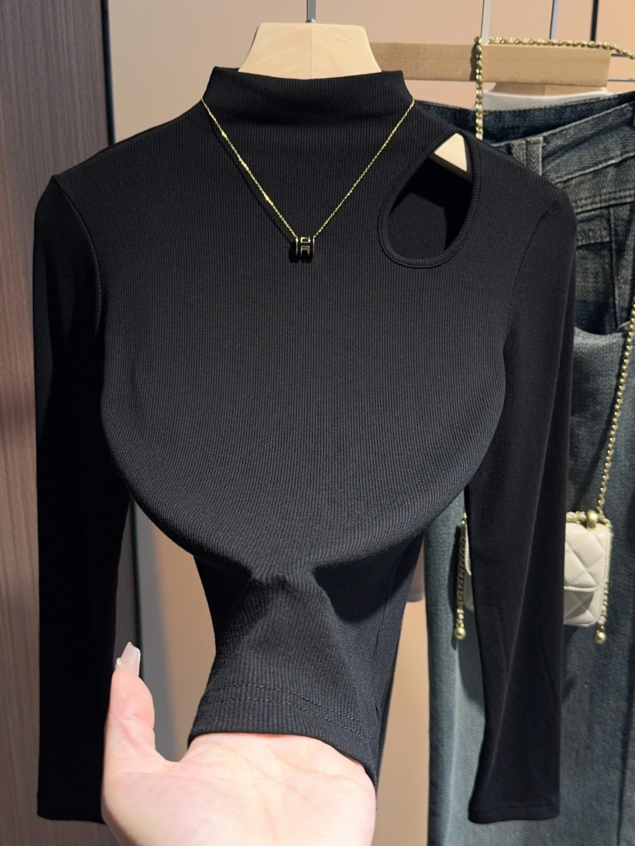 2025 Spring New Women's Stand Collar Ribbed Long Sleeve T-Shirt Hollow Out Sexy Layered Tops Casual Lace Cami Blouse Party Wear