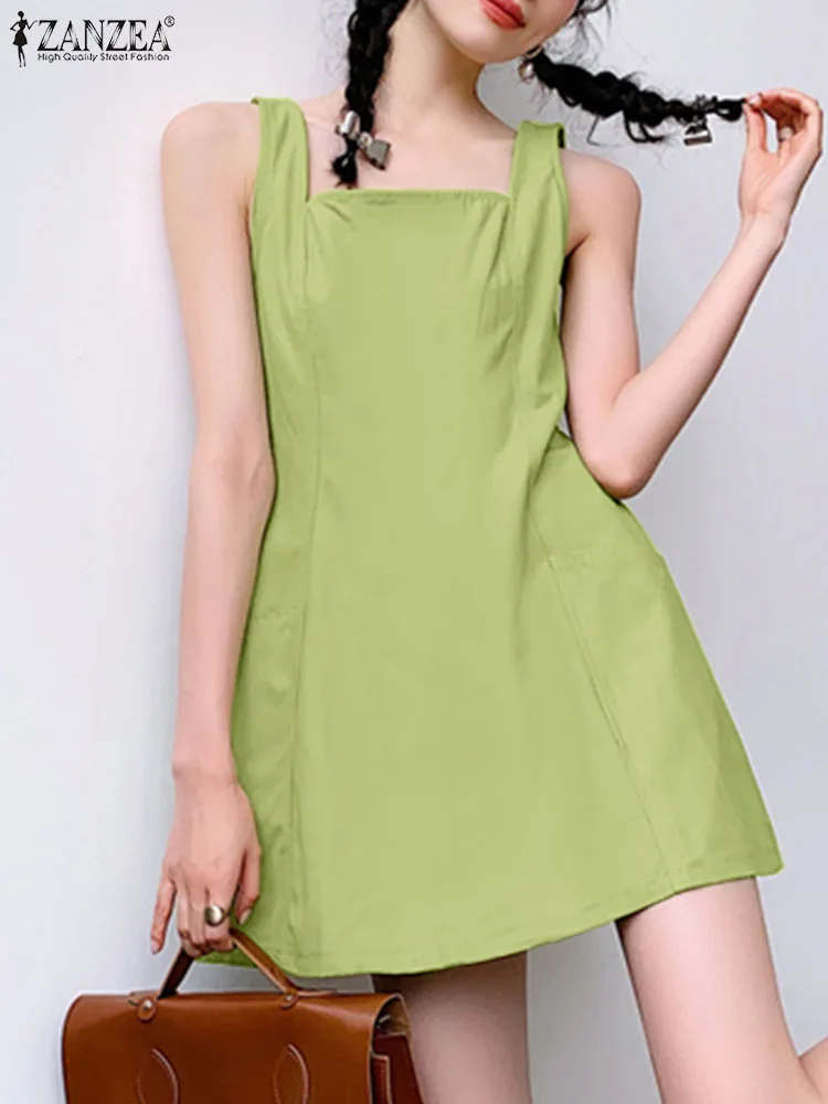 ZANZEA 2024 Korean Women Fashion Tank Dresses Summer Causal Cute Sleeveles Vestido Front Pockets Square Collar A-Line Mini Dress