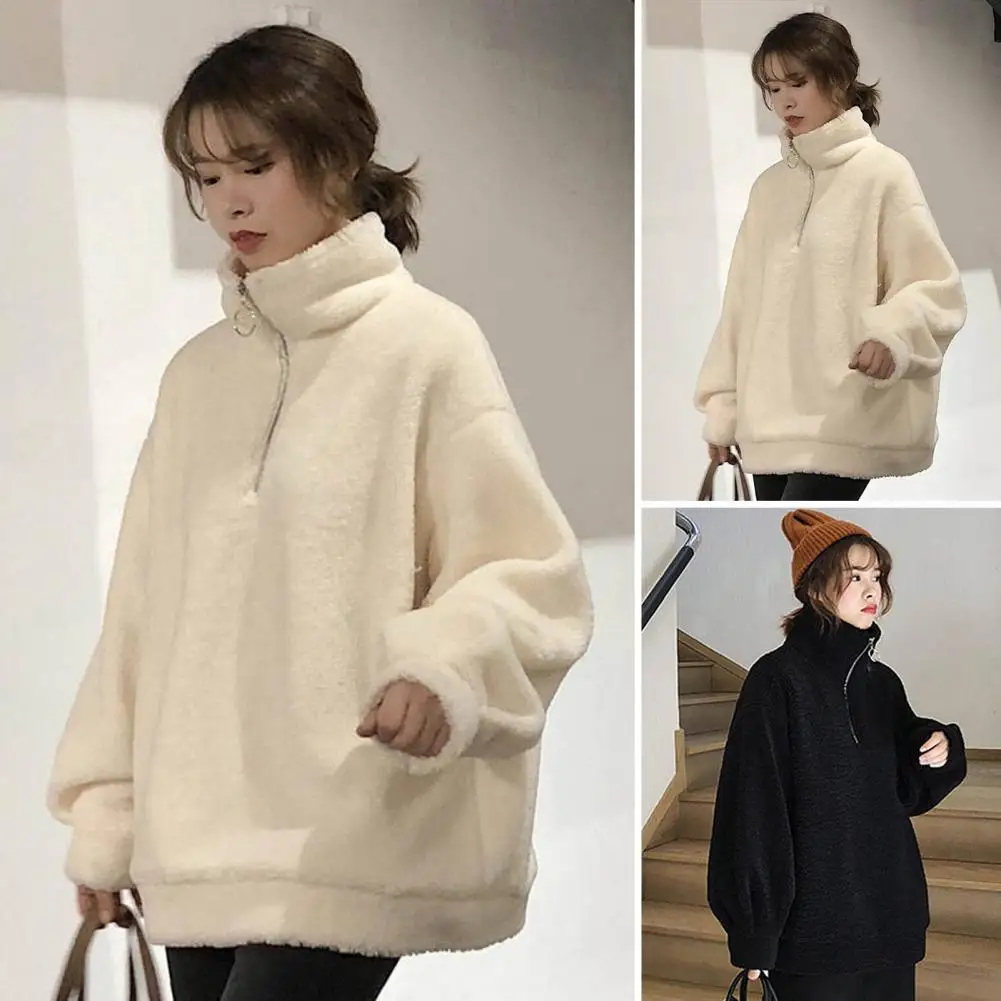 

Long-sleeve Jacket Women's Fall Winter High Collar Zipper Sweatshirt Thick Plush Long Sleeve Pullover Cold-proof Mid for Warmth