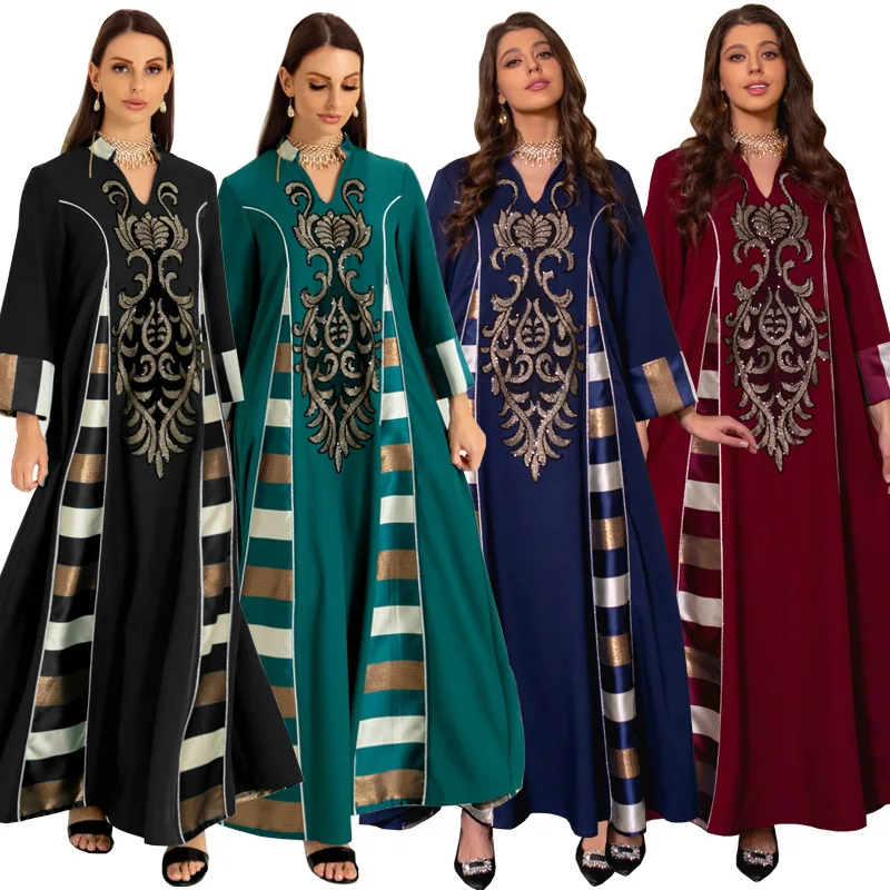 

Middle Eastern hijab Shirt Dress Women's Embroidered Stripe Muslim Dubai Muslim Robe Set Khalegy Long Dress Female